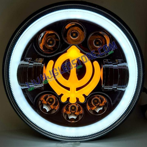 HJG 7-Inch LED Headlight with Yellow & White Dual Halo Ring – Round Universal Fit for Royal Enfield, Jeep & Harley Davidson (Khanda Design)