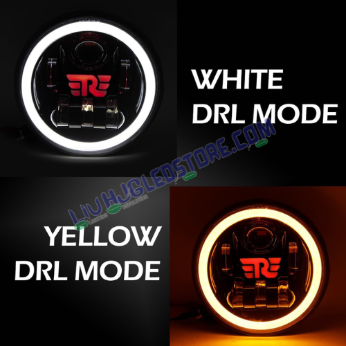 HJG 7-Inch RE Logo LED Headlight Assembly | 75–90W, Multi-Color DRL, High/Low Beam, CREE/Osram Chip, H4 Plug & PlayCompatible with Royal Enfield, Jeep, Thar & Gypsy