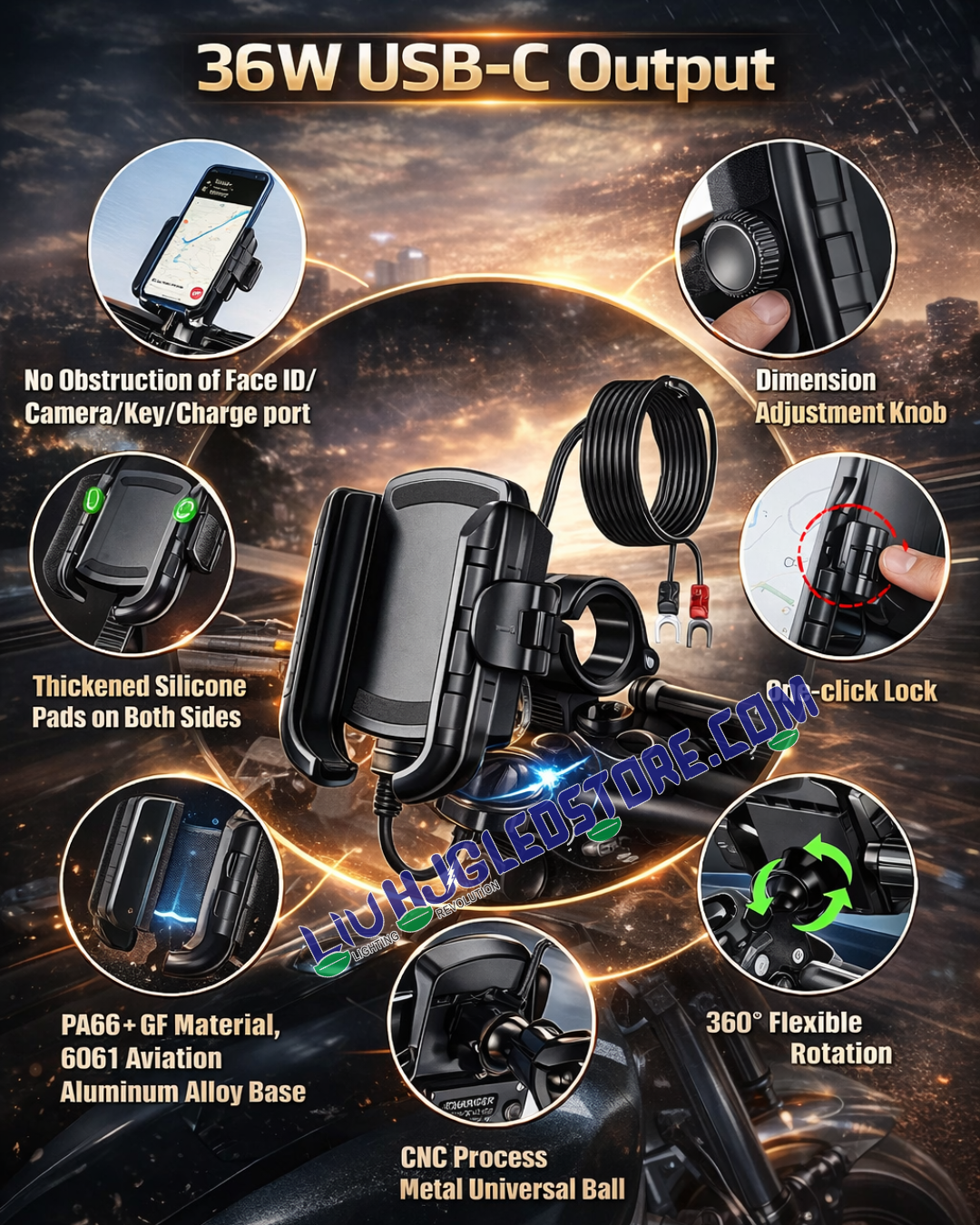 LIU HJG Heavy-Duty Adjustable Bike Mobile Holder with USB Type-C Charging | Dual Clamp System, 360° Rotation | Universal Phone Mount for Motorcycles & Scooters