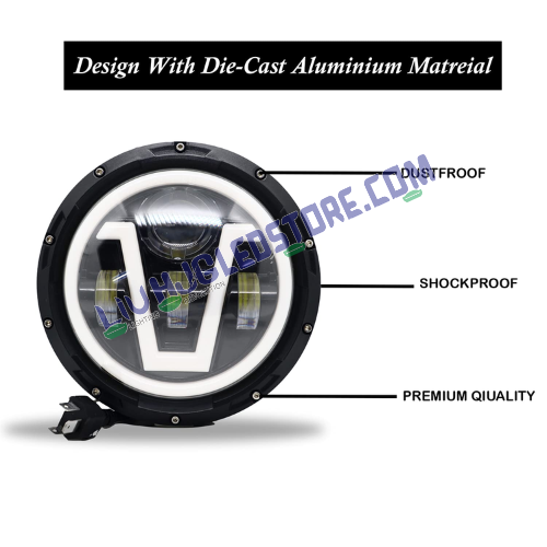HJG 7-Inch Round Harley-Style 90W LED Headlight (12V–80V) – Fits Royal Enfield, Jeep Thar & Harley Davidson