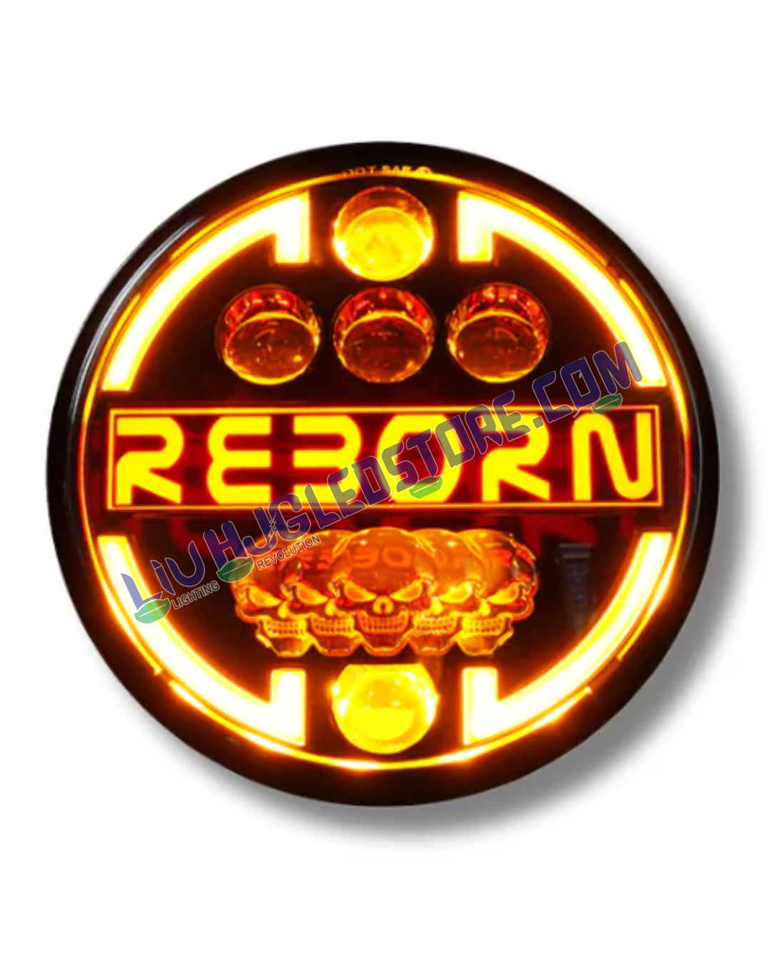 HJG Reborn 7-Inch 90W Round LED Headlight | White and Amber Dual Halo DRL | H4 3-Pin | Royal Enfield, Thar, Jeep and Harley Davidson