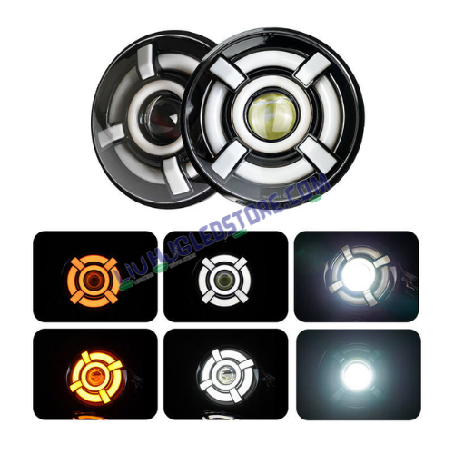 HJG 7-Inch Round LED Headlight with Dual Color Halo (White/Yellow) 90W | Universal Fit for Royal Enfield, Jeep & Harley Davidson