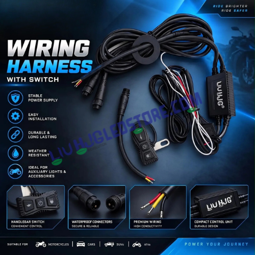 HJG Premium 3-Pin 120W LED Wiring Harness Kit | Backlit Handlebar Switch with Flashing Mode | Waterproof Coupler-to-Coupler Wiring | Relay & Fuse | For Fog Lights, Auxiliary Lights, Bikes, Cars, SUVs & ATVs