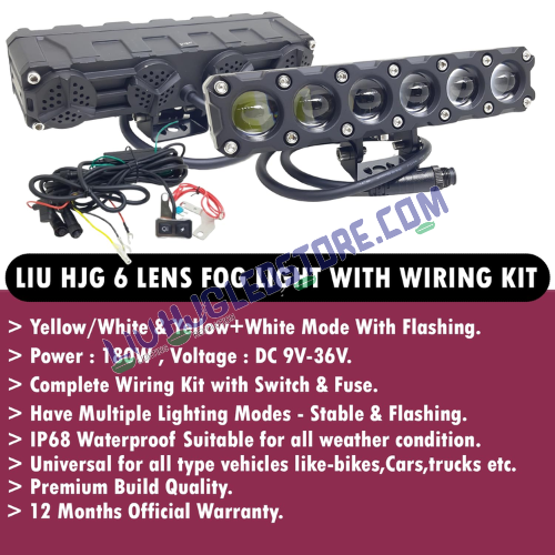 HJG Future Eyes 6-Lens 180W Mega Drive LED Fog Light Set | Dual Color White/Yellow, Multi-Mode, Remote Wiring Kit, Spot & Flood Beam for Bike, Car, Thar & Jeep (Pack of 2)