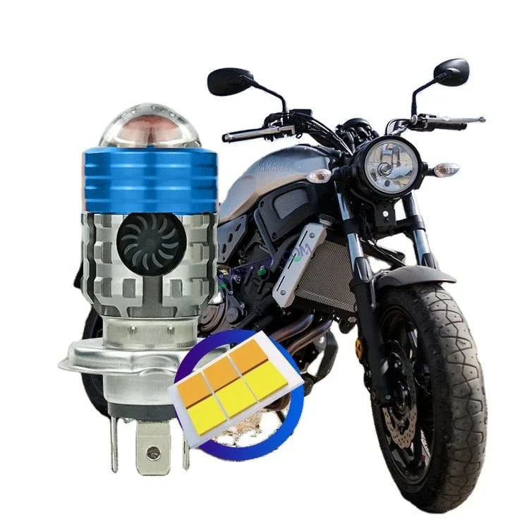 HJG H4 LED Lens Headlight Bulb with Cooling Fan – Dual Color White & Yellow Hi/Lo Beam 40W for Motorcycles (H4 Socket)