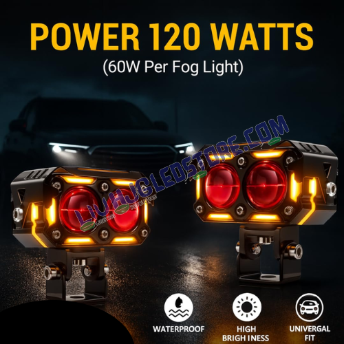 HJG Future Eyes 2-Lens Ring DRL 120W LED Projector Fog Lights with Wiring Harness Kit – Red DRL, Amber Ring, White/Yellow Modes, Universal Fit for Cars & Bikes