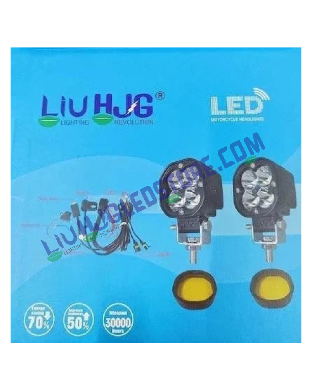 Original HJG 40W Mini CREE LED Fog Light Set with Wiring Harness, Switch & Yellow Filter Cap for Motorcycles