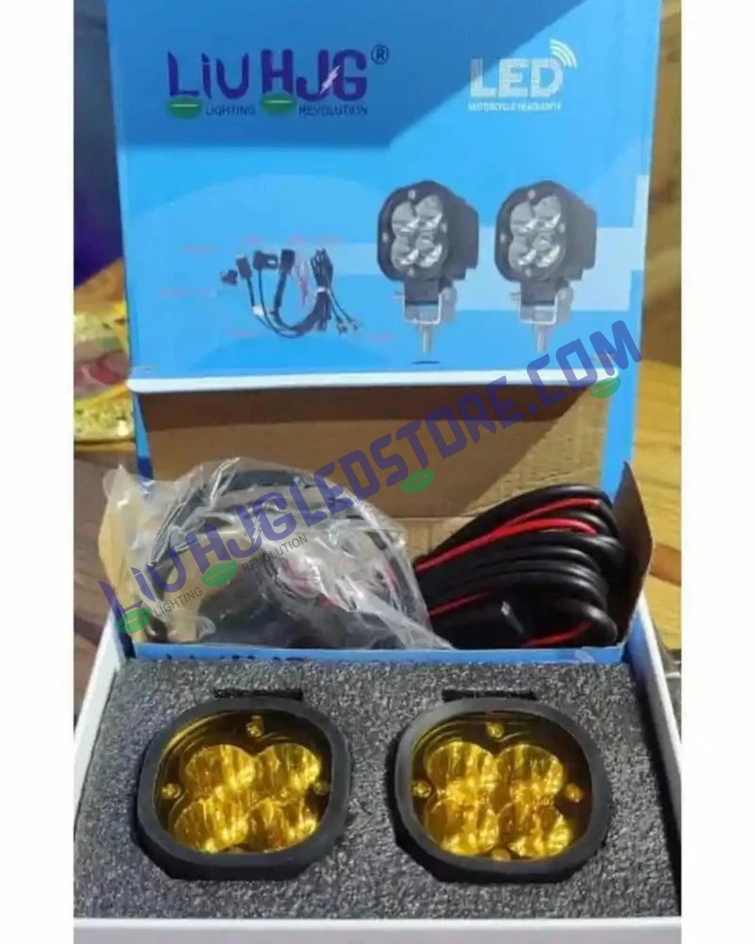 Original HJG 40W Mini CREE LED Fog Light Set with Wiring Harness, Switch & Yellow Filter Cap for Motorcycles