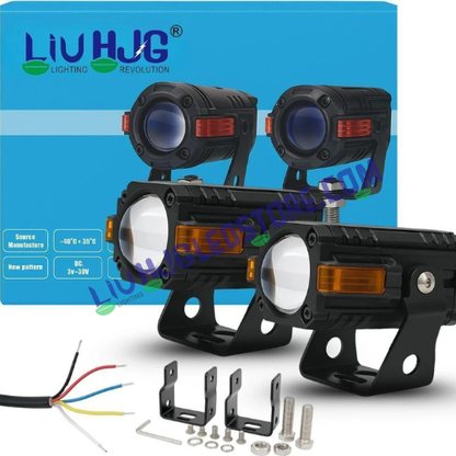 HJG S-83 Projector Fog Lights 80W with Hazard Indicator – Dual Color White/Yellow LED with Red Amber DRL (Set of 2, Universal Fit for Cars & Bikes)