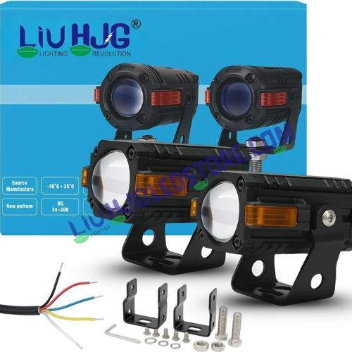 HJG S-83 Projector Fog Lights 80W with Hazard Indicator – Dual Color White/Yellow LED with Red Amber DRL (Set of 2, Universal Fit for Cars & Bikes)