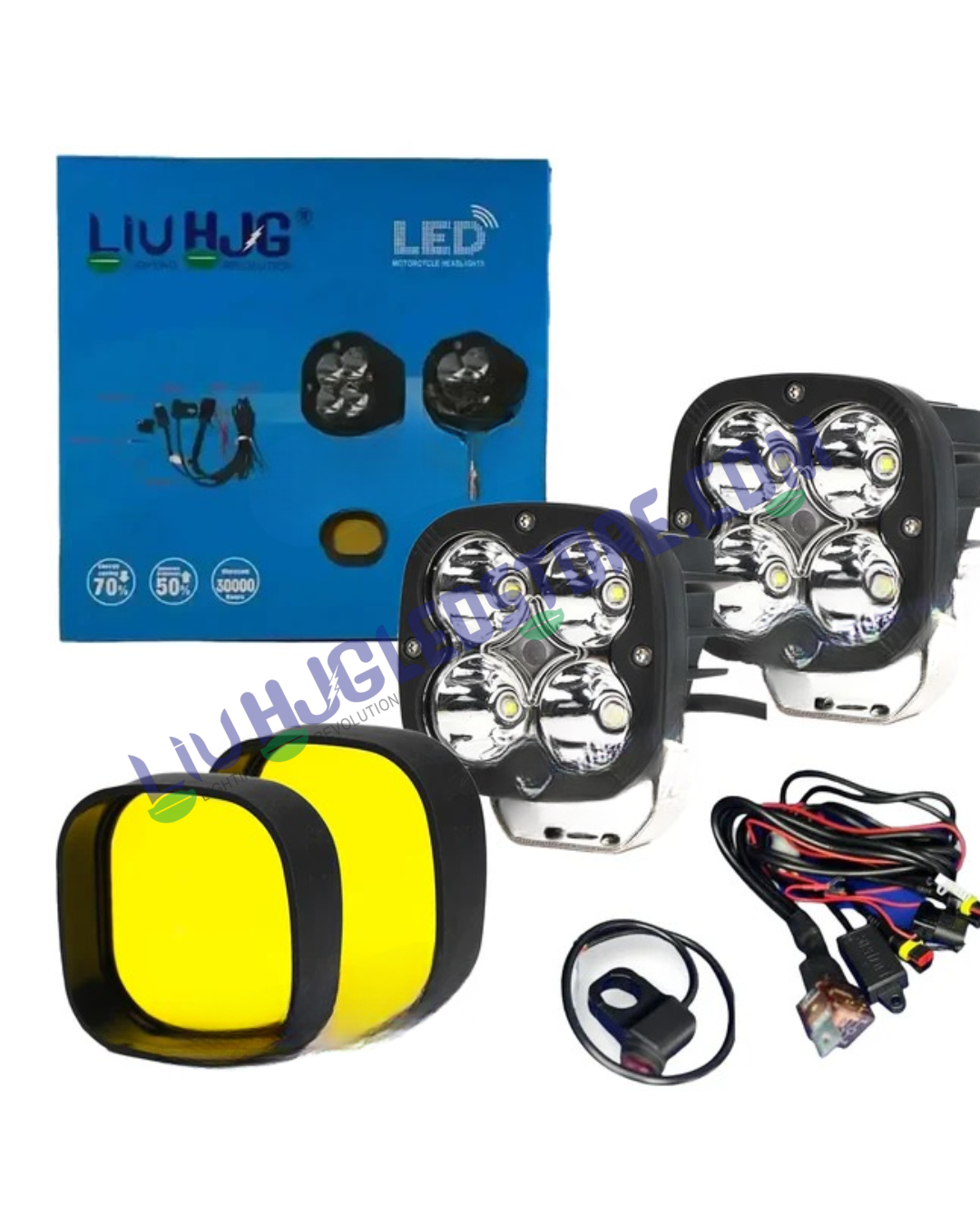 Original HJG 40W Mini CREE LED Fog Light Set with Wiring Harness, Switch & Yellow Filter Cap for Motorcycles
