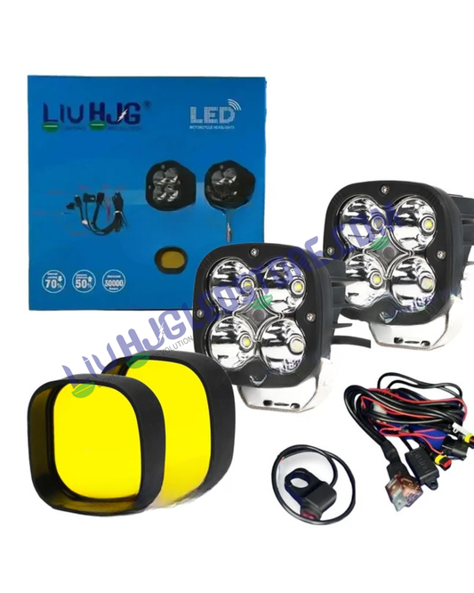 Original HJG 40W Mini CREE LED Fog Light Set with Wiring Harness, Switch & Yellow Filter Cap for Motorcycles