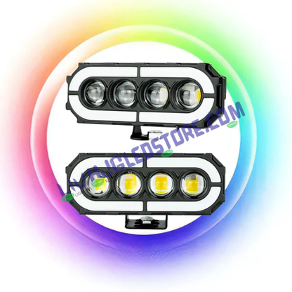 HJG 4-Lens RGB Ring Projector Fog Lights | 120W Set of 2 | White, Yellow and Warm White | Multi-Colour RGB DRL | for Bikes and Cars