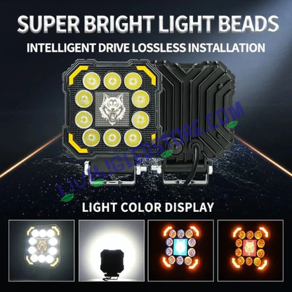 HJG Wolf 11 LED Square Fog Lights 60W with Red DRL & Flash Mode – Universal for Bikes & Cars (Set of 2)