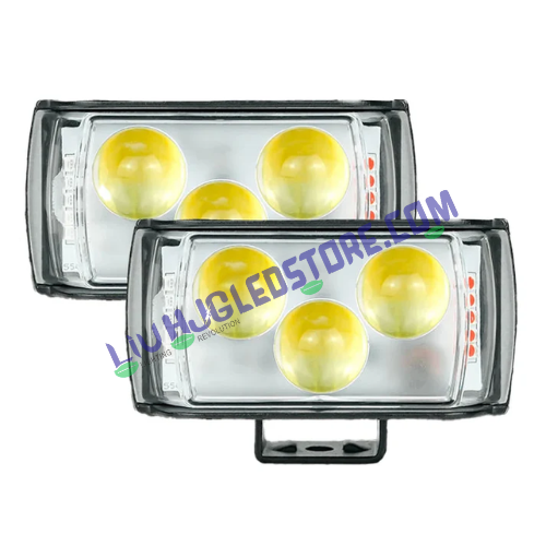 HJG 3 LED Projector Fog Light Bar | Set of 2 | Triangular Lens | White, Yellow Beam | Red Blue Strobe Flash | 30,000hr | 12V-85V DC