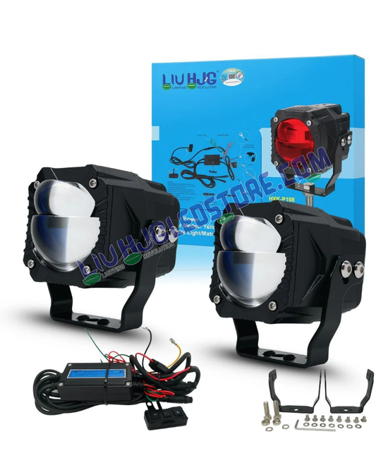 HJG Gorilla Dual Lens 120W Projector Fog Light Combo with Wiring Harness Kit – White/Yellow LED Driving Lights for Cars & Bikes (Universal Fit, Pack of 2)