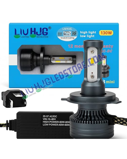 HJG M3 Mini H4 130W LED Headlight Bulb – 13000LM White Hi/Lo Beam with Cooling Fan, AC/DC Compatible for Motorcycles & Cars (12V/24V, Single Piece)
