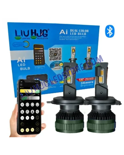 HJG AI LED Headlight Bulbs 200W (H8/H9/H11/H16) with App Control – 25000LM Adjustable Color & Brightness (White/Yellow/Warm White), 12V/24V, Pack of 2