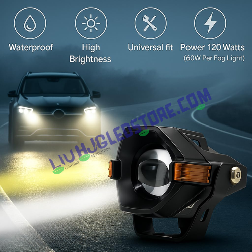 HJG Spaceship Series 80W Projector Fog Lights with Red Devil & Amber DRL – Dual Color LED (White/Yellow/Red) for Cars & Bikes (Set of 2)