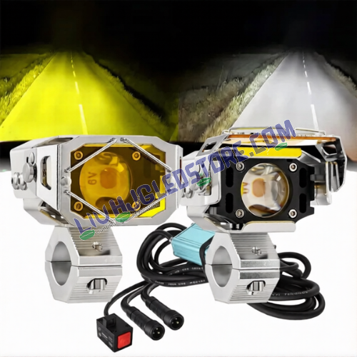 HJG 140W Chrome Transformer LED Projector Fog Light Set with Wiring Kit & Sliding Yellow Filter Cap – Dual Color White/Yellow (3000K/6500K) Universal Fit for Cars & Bikes (Pack of 2)