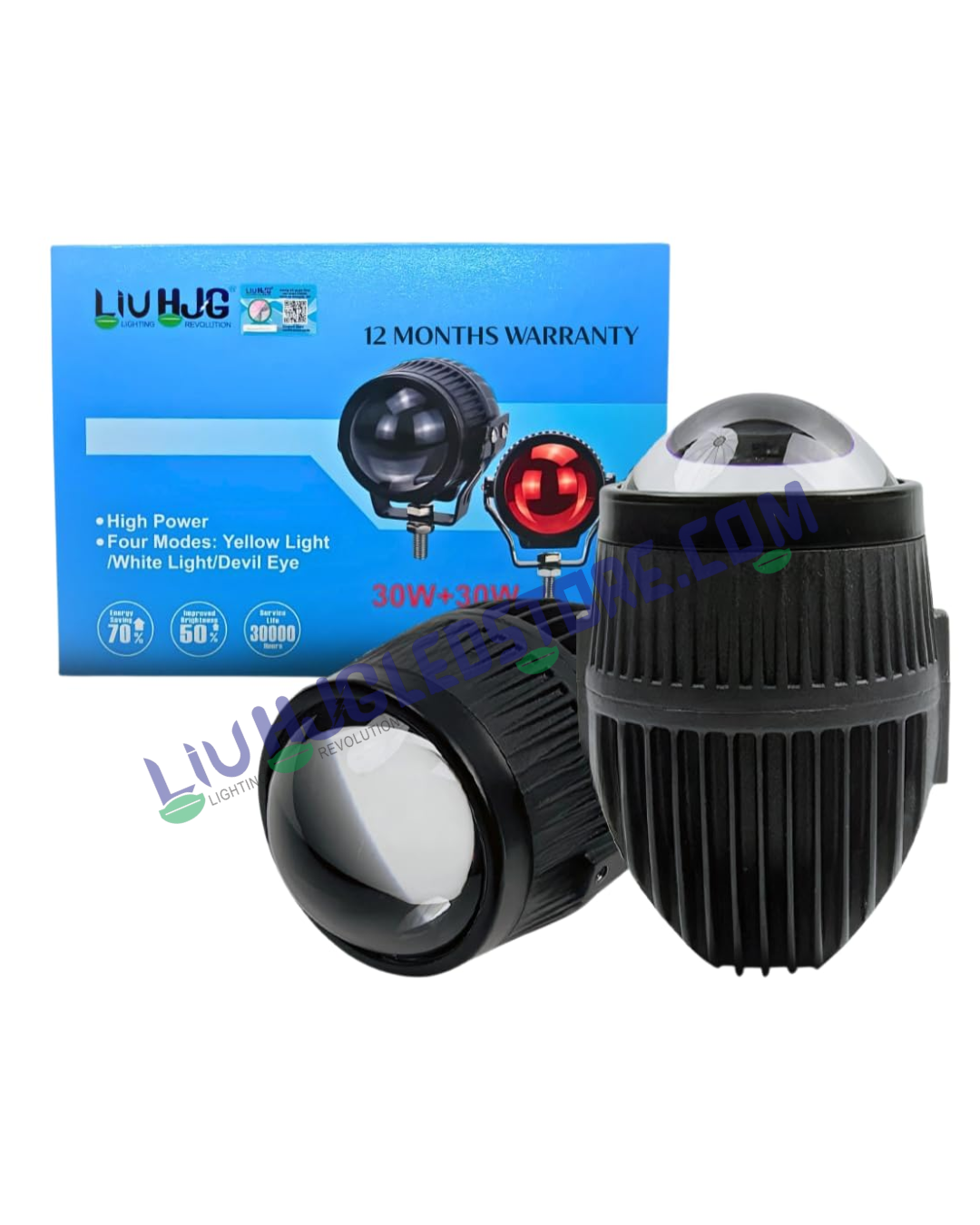 HJG J37 Single Projector LED Fog Lights 60W with Red DRL – Dual Color White/Yellow Beam for Cars & Bikes (Set of 2)