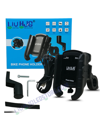 LIU HJG Heavy-Duty Adjustable Bike Mobile Holder with USB Type-C Charging | Dual Clamp System, 360° Rotation | Universal Phone Mount for Motorcycles & Scooters