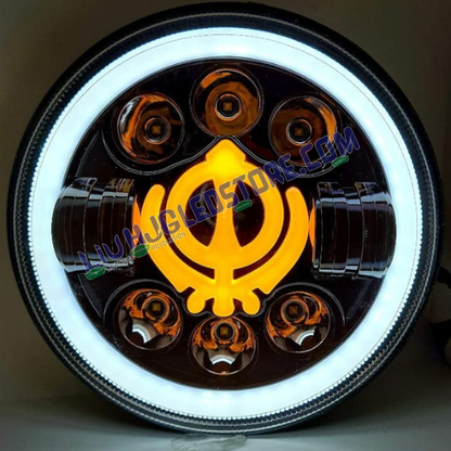 HJG 7-Inch LED Headlight with Yellow & White Dual Halo Ring – Round Universal Fit for Royal Enfield, Jeep & Harley Davidson (Khanda Design)