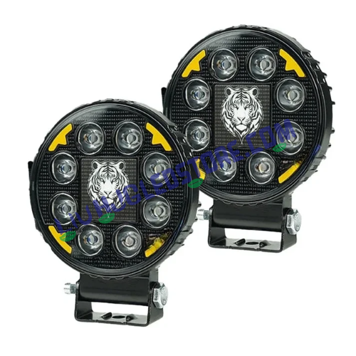 HJG 8 LED Round Fog Lights 60W, Set of 2 | White Beam 6000K, Red DRL with Flash Mode for Motorcycle and Car
