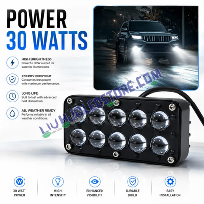 LIU HJG H-10 30W 10-LED Lens Fog Light with RGB Strobe DRL – Dual White & Yellow Beam