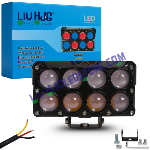 HJG JC-33 8-Lens Cube 50W LED Projector Fog Light | Single Unit | 6000 Lumens | White, Yellow, Warm White | Red Blue DRL Flash | 9V-32V DC