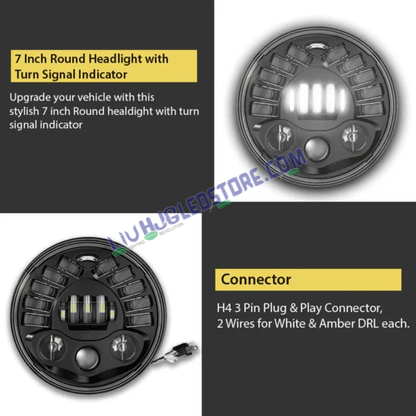 HJG 7-Inch Round LED Headlight with Hi/Low Beam & Integrated Turn Signals for Royal Enfield Bullet and Mahindra Thar
