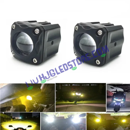 HJG Ice Blue Mini Cube 40W LED Fog Lights (Set of 2) – Projector Lens with White/Yellow Beam & Ice Blue DRL for Cars & Bikes