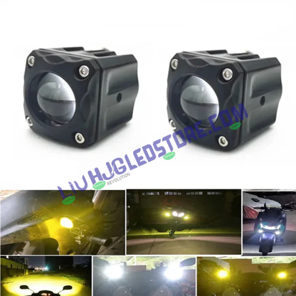 HJG Ice Blue Mini Cube 40W LED Fog Lights (Set of 2) – Projector Lens with White/Yellow Beam & Ice Blue DRL for Cars & Bikes