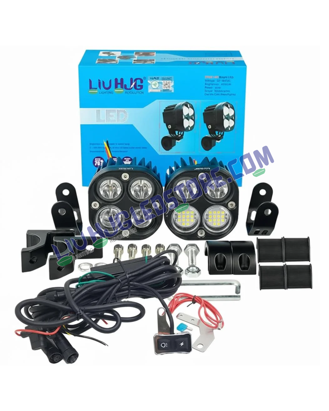 HJG 4x4 Projector Lens 80W LED Fog Light Kit with Wiring Harness – Dual Color White/Yellow with Flash Mode for Cars & Bikes