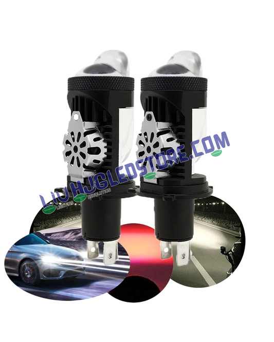 HJG RTD Lens H4 100W Dual Projector LED Headlight Bulbs | 10,000LM Pair, White Hi/Lo Beam & Red Devil DRL | CSP LED Chips, Cooling Fan, IP68 | H4 Plug & Play | 12–80V DC | Car, Bike & SUV | Pack of 2