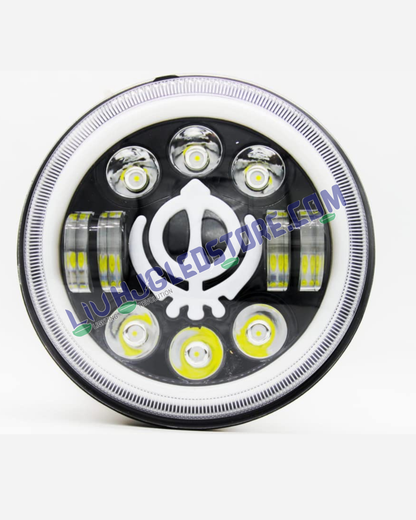 HJG 7-Inch LED Headlight with Dual-Color Halo (Yellow & White) – Round Universal Fit for Royal Enfield, Jeep & Harley Davidson (Khanda Edition)