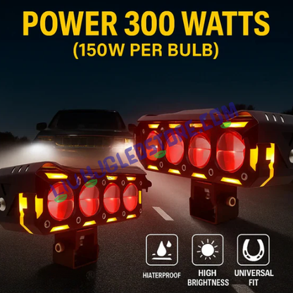 HJG 300W Future Eyes 4 Lens Projector LED Fog Light with Ring DRL & Wiring Harness – Multi-Color (Red/Amber/White/Yellow) Universal for Cars & Bikes