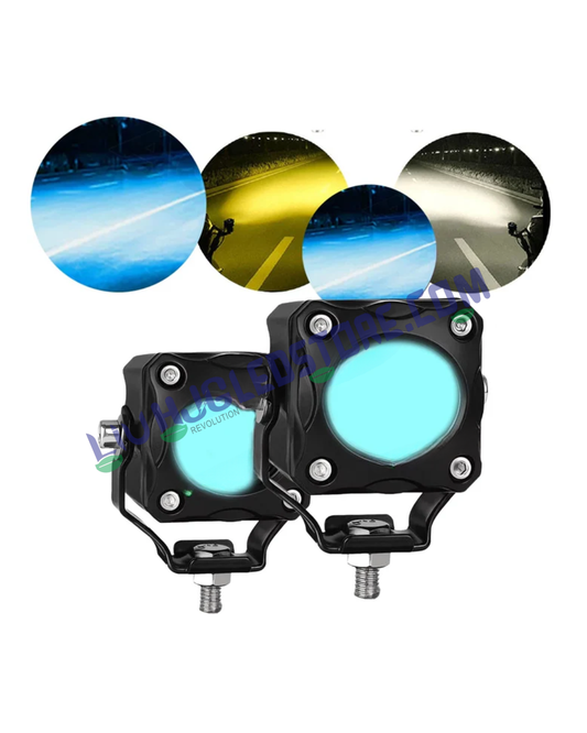 HJG Ice Blue Mini Cube 40W LED Fog Lights (Set of 2) – Projector Lens with White/Yellow Beam & Ice Blue DRL for Cars & Bikes