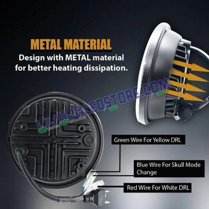 HJG Skull 5.75-Inch 75W LED Headlight Assembly | Multi-DRL Effects, 6500K White Light & White/Yellow Angel Eye | H4 Plug & Play, High/Low Beam | 12–80V DC | Harley Davidson, Jeep & Bajaj Avenger