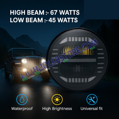 HJG 7-Inch Minus Style LED Headlight – White Multi-Color 75–120W with CREE/Osram Chip, Compatible with Royal Enfield, Jeep, Thar & Gypsy