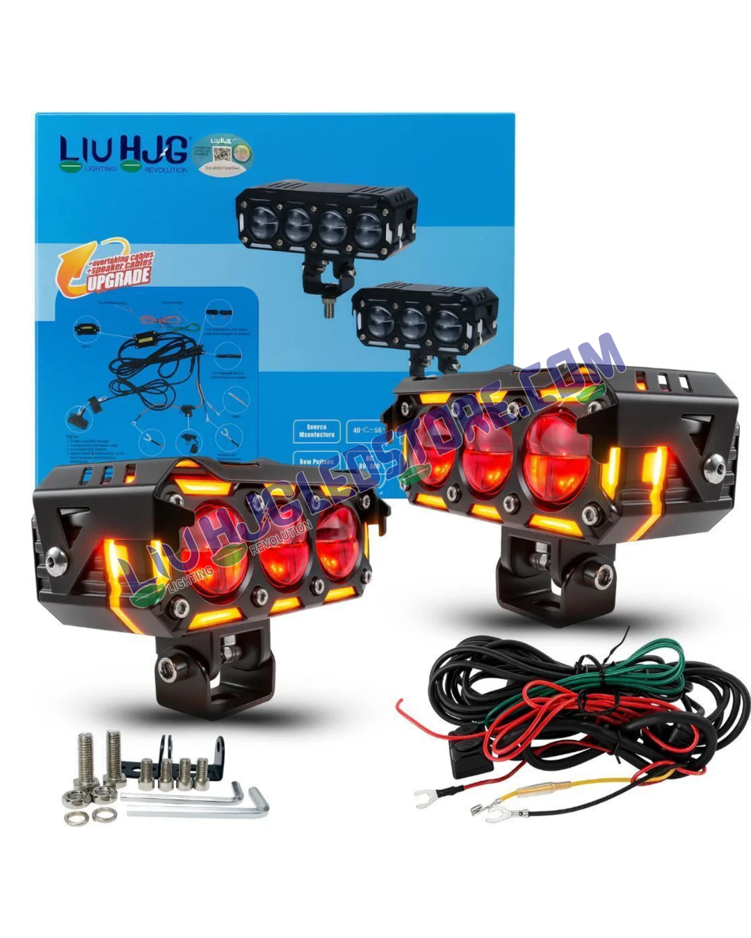 HJG Future Eyes 3-Lens Ring DRL 240W LED Projector Fog Light Kit with Wiring Harness – Red DRL, Amber Ring, White/Yellow Modes, Universal for Cars & Bikes