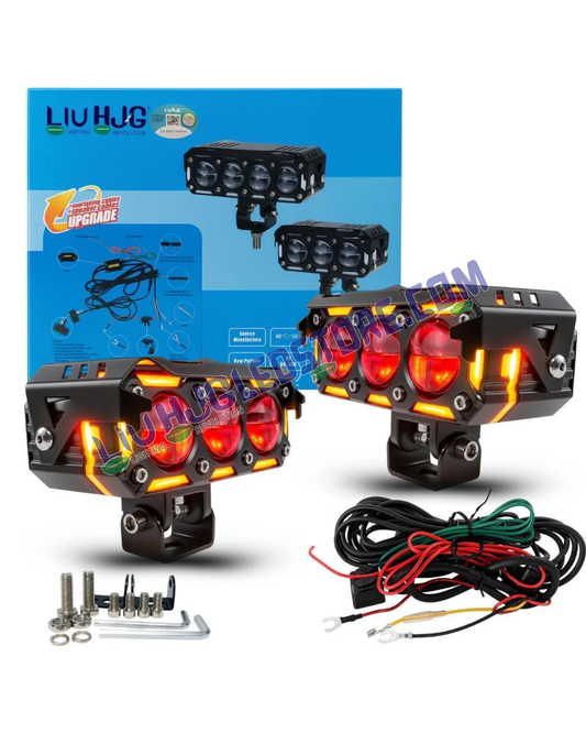 HJG Future Eyes 3-Lens Ring DRL 240W LED Projector Fog Light Kit with Wiring Harness – Red DRL, Amber Ring, White/Yellow Modes, Universal for Cars & Bikes