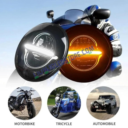 HJG 7-Inch Minus LED Headlight Assembly with Dual Color Halo (Yellow/White) for Royal Enfield, Jeep & Thar – Universal Round Headlight