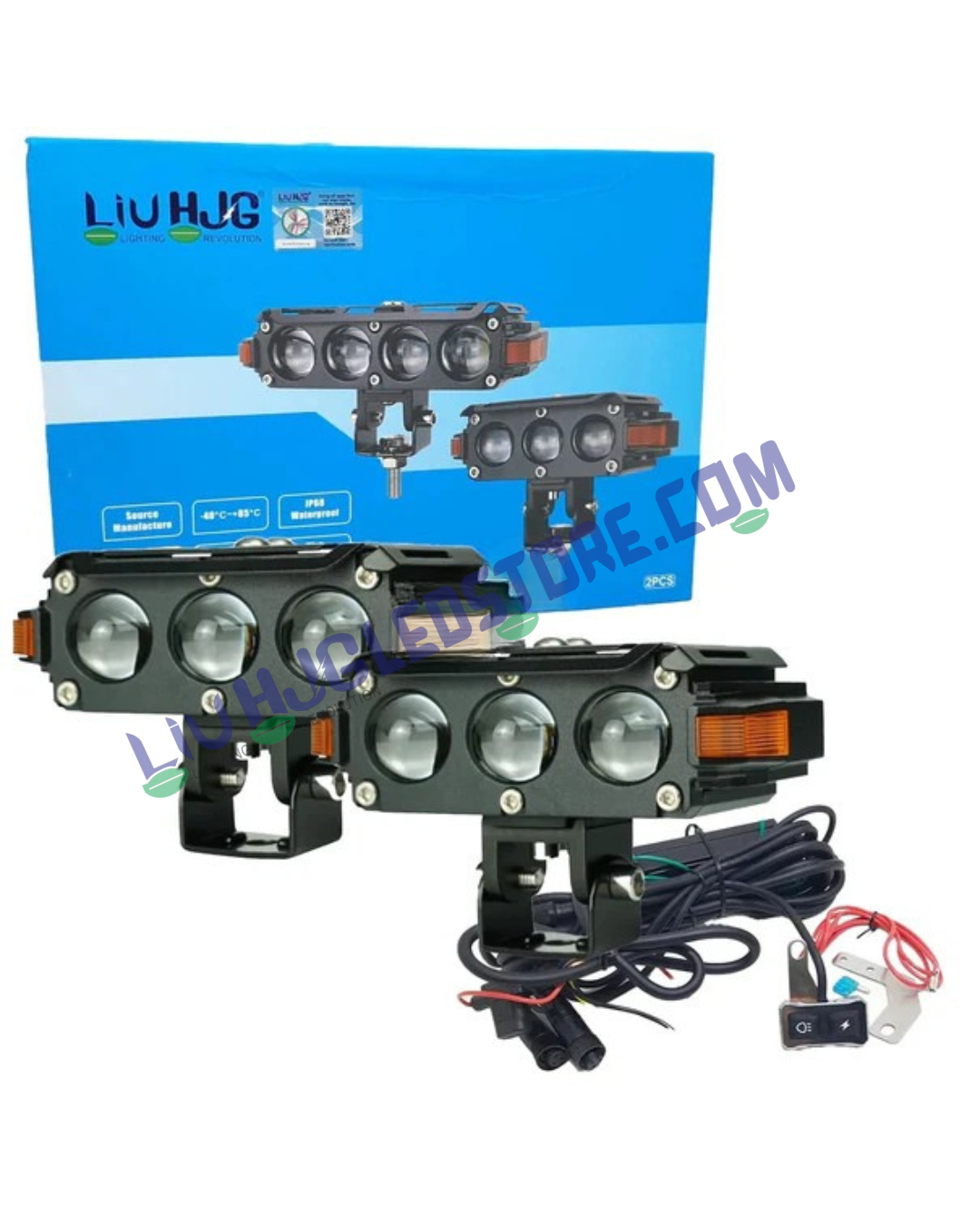 HJG Hazard 3 Lens 120W LED Fog Lights Set | Dual Color White/Yellow, Triple Projector with Red DRL & Amber Hazard, Wiring Kit for Cars & Bikes (Pack of 2)