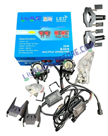 HJG CO-2 60W Mini LED Drive Light with Red Devil Eye – Triple Color (Red/Yellow/White) Auxiliary Light with Wiring Harness Kit (30W x 2)