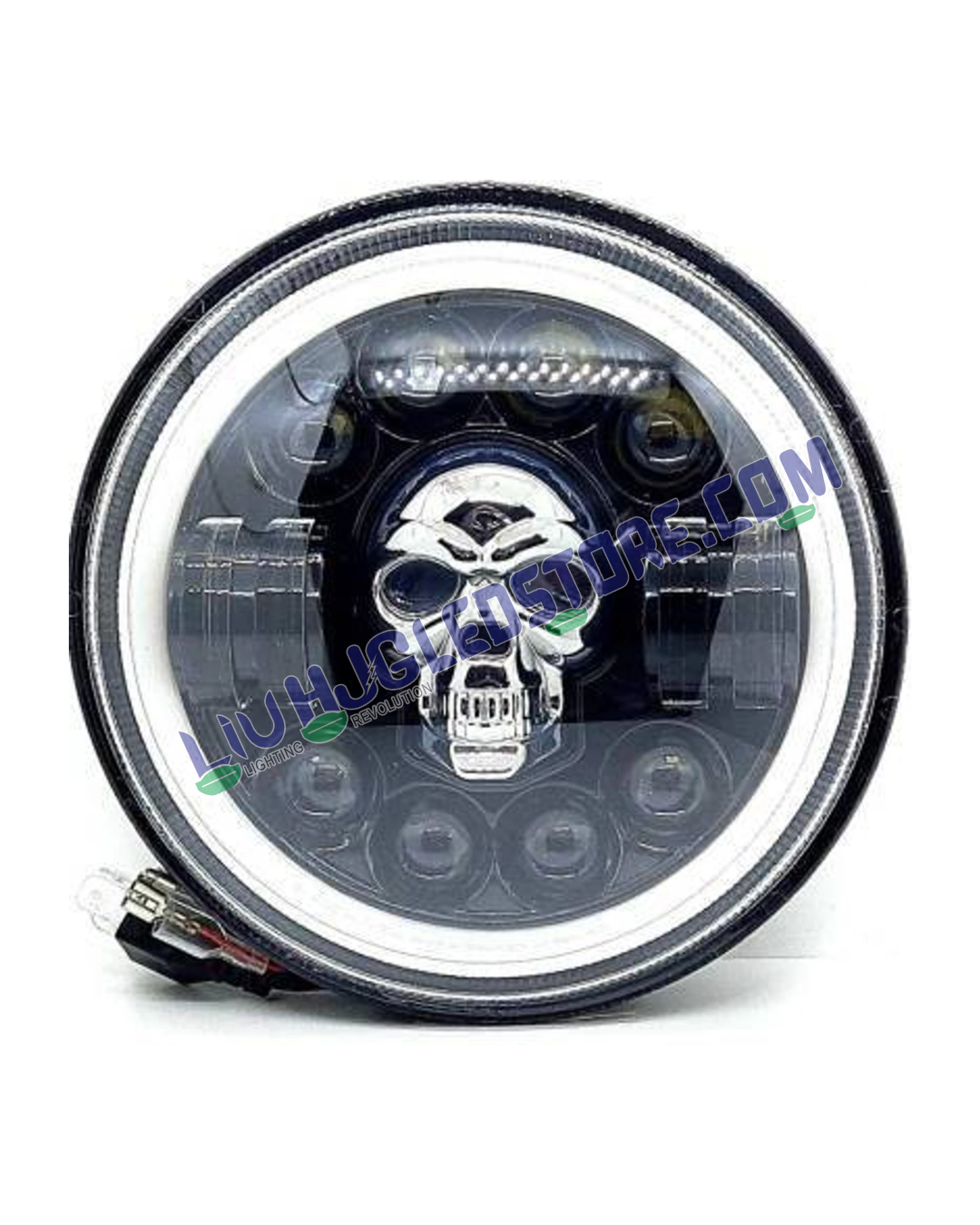 HJG 7-Inch Harley Skull Design LED Headlight for Royal Enfield (All Models) & Mahindra Thar | 12V–80V, 75W