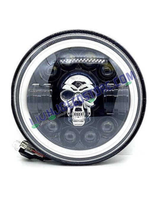 HJG 7-Inch Harley Skull Design LED Headlight for Royal Enfield (All Models) & Mahindra Thar | 12V–80V, 75W