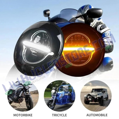 HJG 7-Inch LED Headlight Assembly with Dual Color Halo (White/Yellow) – Round Minus Design for Royal Enfield, Jeep & Harley Davidson (Universal Fit)