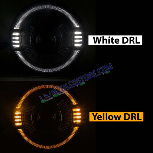 HJG 7-Inch Ring Projector LED Headlight C-216 90W with Dual Color DRL (White/Yellow) | CREE/Osram Ultra Wide Beam for Royal Enfield, Jeep, Thar & Gypsy