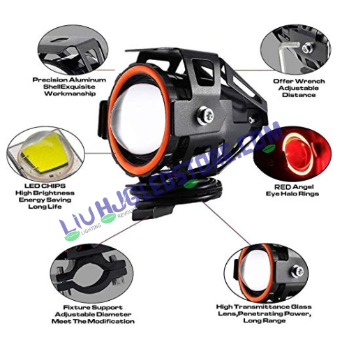 HJG Projector Angel Eyes LED Fog Light with Red DRL Ring – Universal Fit for Bikes (Single Piece)